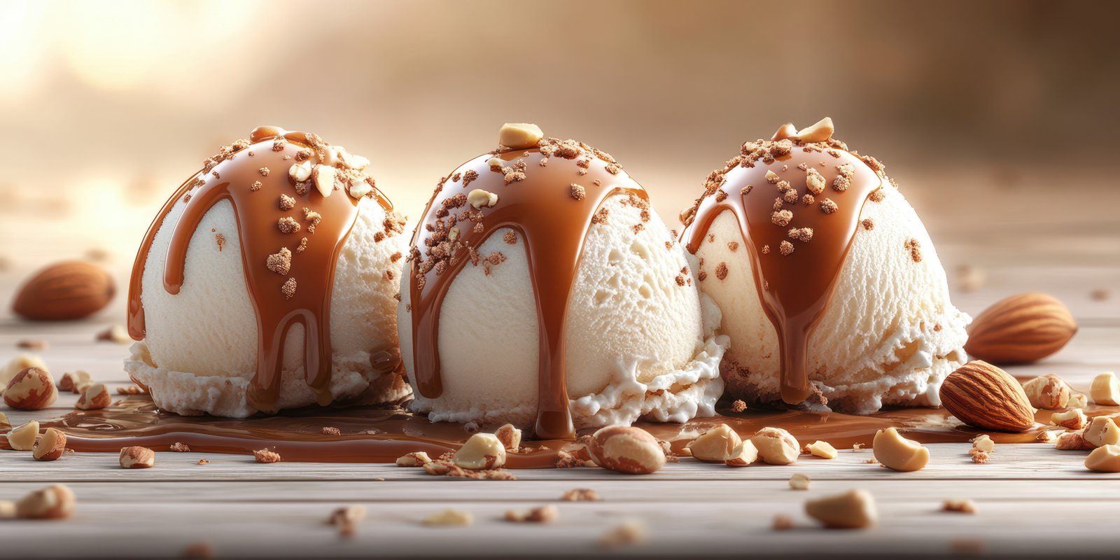 Ice cream scoops drizzled with caramel and surrounded by almonds on a rustic wooden table